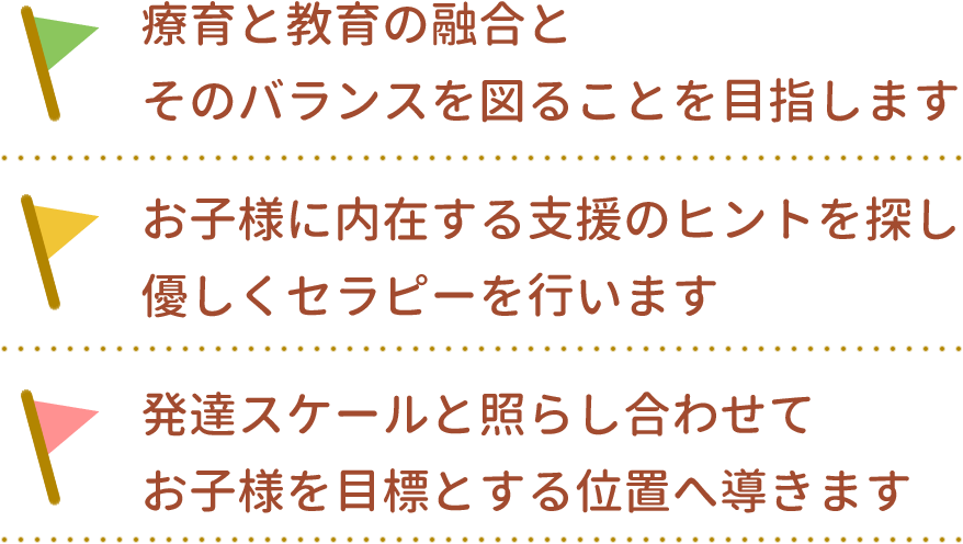 1.療育と教育の融合とそのバランスを図ることを目指します　2.お子様に内在する支援のヒントを探し
優しくセラピーを行います　3.発達スケールと照らし合わせてお子様を目標とする位置へ導きます